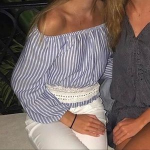 Subdued Blue and White Striped Top with Lace Detail